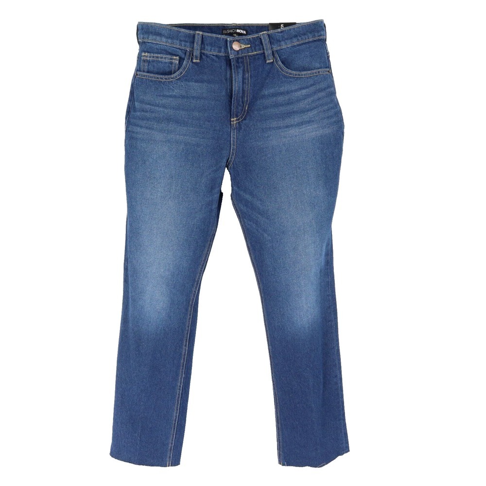 Fashion Nova Boyfriend Jeans High Rise Cut-Off Juniors Size 5 Blue Dark Wash NWT